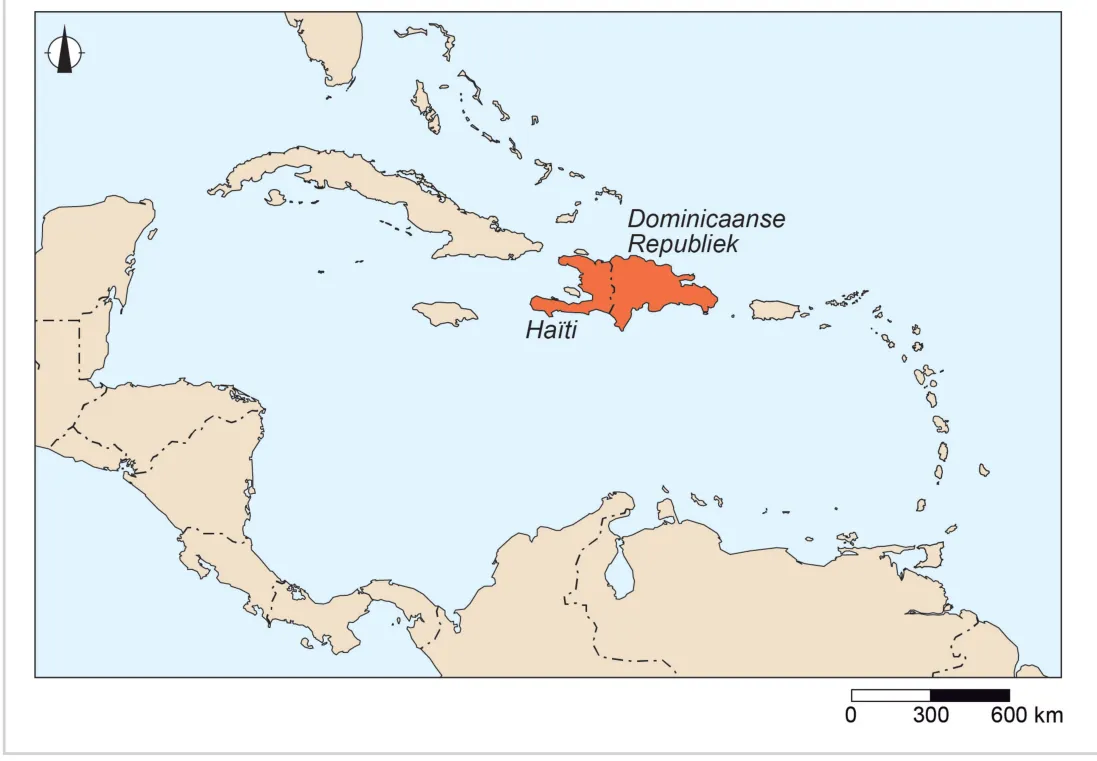 Kaart van het Caribisch gebied met Midden-Amerika en het noorden van Zuid-Amerika; het eiland Hispaniola is oranje gekleurd, met Haïti in het westen en de Dominicaanse Republiek in het oosten. Schaalbalk 0 - 300 - 600 km.