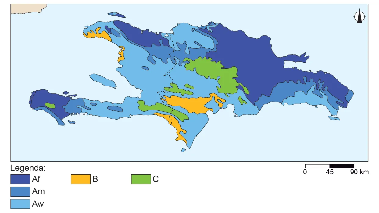 Kaart van Hispaniola met de klimaten Af, Am, Aw, B en C. Af ligt vooral in het noordoosten van de Dominicaanse Republiek en in het uiterste westen van Haïti, Aw in grote delen van het westen en zuiden, C in het bergland in het midden van het eiland en B in enkele kleinere gebieden ten zuiden van dat bergland en langs de noordwestkust. Schaalbalk 0 - 45 - 90 km.