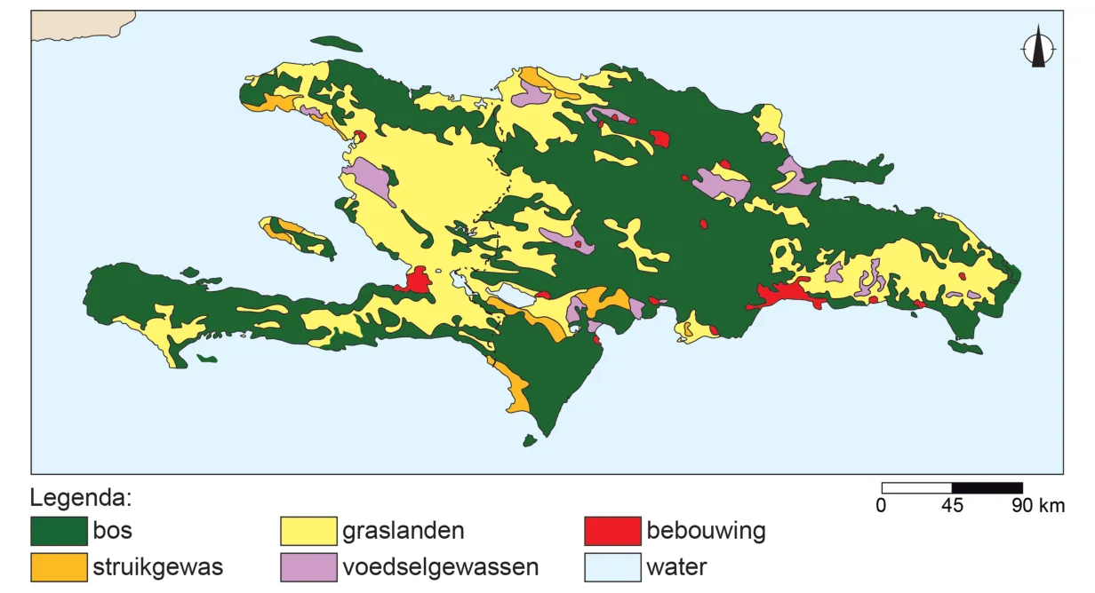 Kaart van Hispaniola met het bodemgebruik: bos, struikgewas, graslanden, voedselgewassen, bebouwing en water. In de Dominicaanse Republiek overheerst bos; in Haïti liggen veel meer graslanden en is minder bos. Schaalbalk 0 - 45 - 90 km.