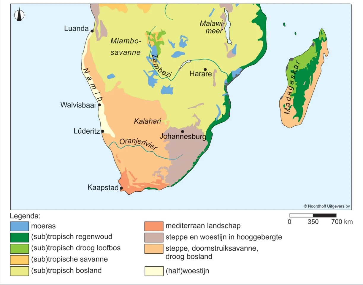 Kaart van zuidelijk Afrika en Madagaskar met landschapstypen in kleur, met de steden Luanda, Walvisbaai, Lüderitz, Kaapstad, Johannesburg en Harare, de Zambezi en de Oranjerivier. Langs de westkust ligt een smalle strook (half)woestijn, de Namib; daarachter steppe en de Kalahari, in het noorden (sub)tropisch bosland en rond Kaapstad mediterraan landschap.