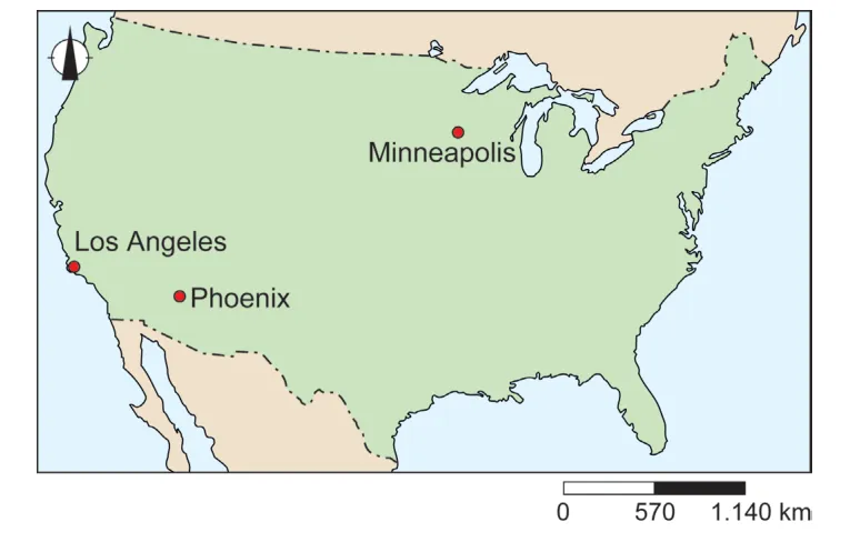 Kaart van de Verenigde Staten met de steden Minneapolis, Los Angeles en Phoenix aangegeven.