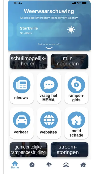 Startscherm van de weeralarm-app met de titel Weerwaarschuwing, en knoppen voor onder andere nieuws, vraag het MEMA, rampengids en verkeer.