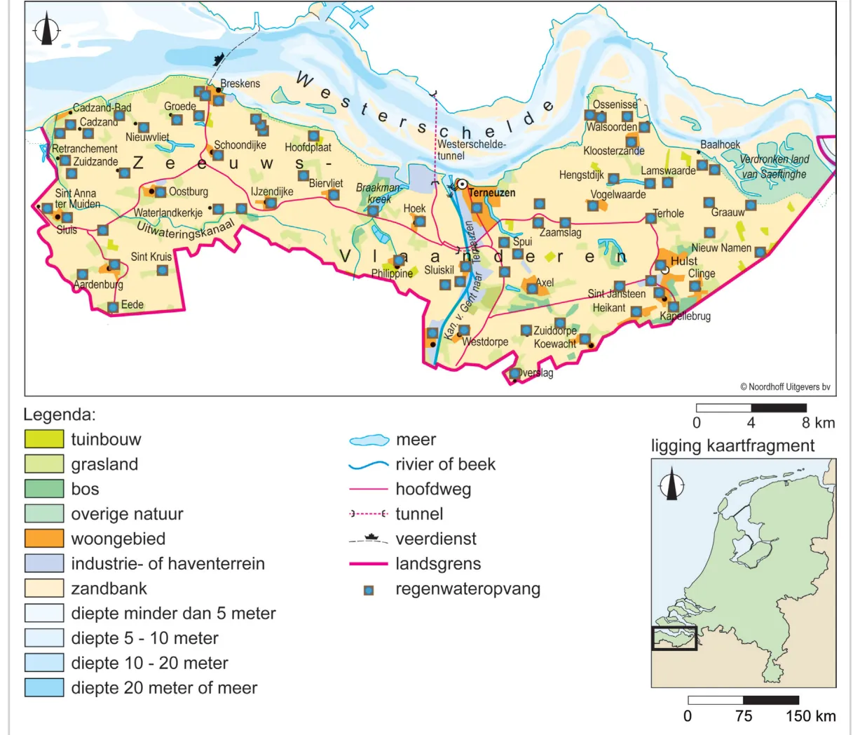 Kaart van Zeeuws-Vlaanderen met de regenwateropvangen, de bodemsoorten, de hoofdwegen en de legenda, met de ligging van het kaartfragment in Nederland.