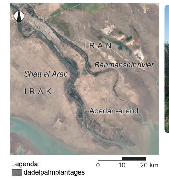 Satellietbeeld van de Shatt al Arab en de Bahmanshir-rivier met de dadelpalmplantages in donkere kleur, met de grens tussen Irak en Iran.