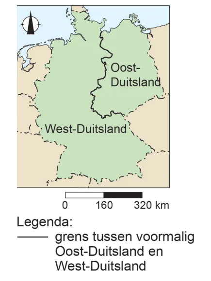 Kaart van Duitsland met de grens tussen voormalig Oost- en West-Duitsland.