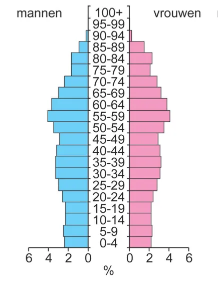 Bevolkingspiramide van Duitsland in 2023, met een smalle basis en de meeste mensen tussen 45 en 65 jaar.