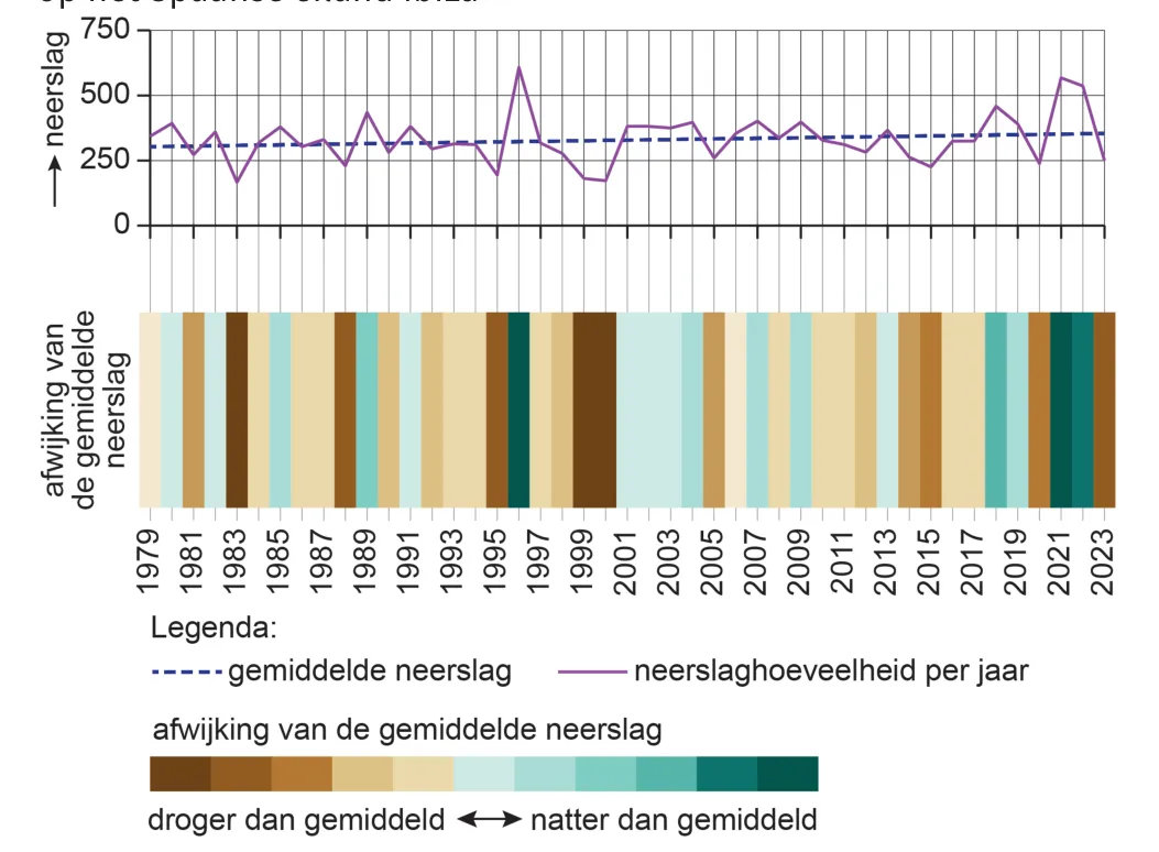 Lijndiagram van de jaarlijkse neerslag van 1979 tot 2023 op Ibiza, met een gemiddelde lijn, en daaronder een kleurenstrook met droger of natter dan gemiddeld per jaar.