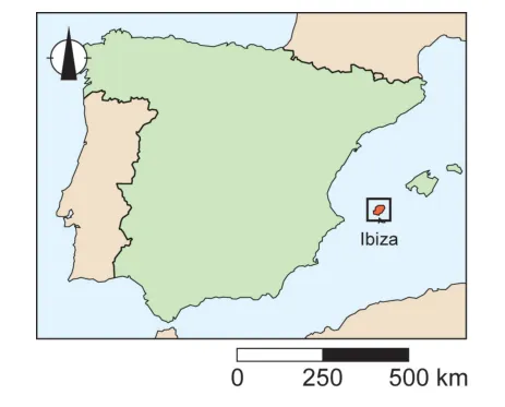Kaart van Spanje met het eiland Ibiza aangegeven in het Middellandse Zeegebied.