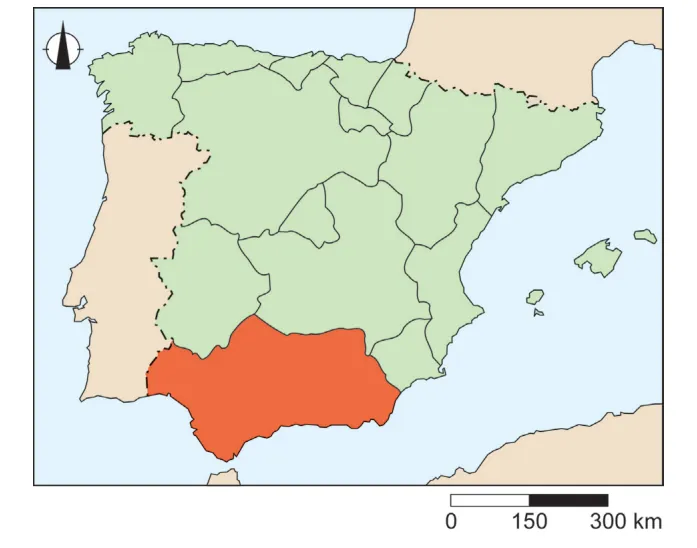 Kaart van Spanje met de provincie Andalusië in het zuiden rood gekleurd.