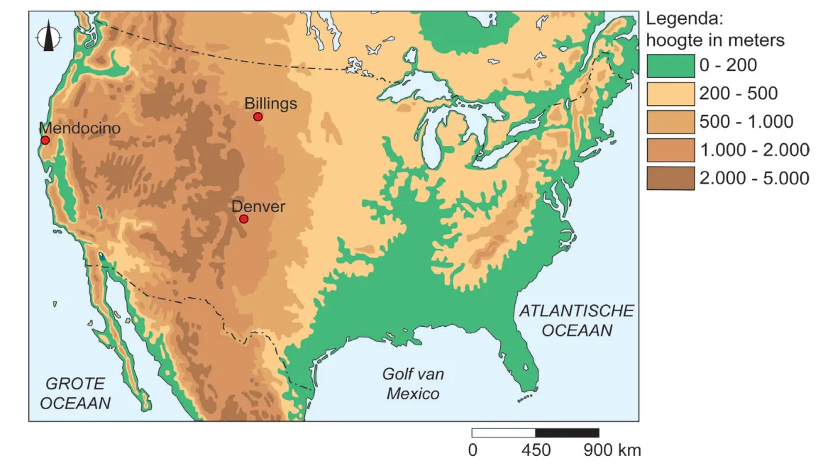 Hoogtekaart van de Verenigde Staten met de plaatsen Mendocino, Billings en Denver en een legenda met hoogteklassen.