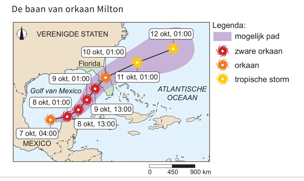Kaart van de Golf van Mexico, Florida en de Atlantische Oceaan met de baan van orkaan Milton, met per tijdstip het type storm en het mogelijke pad in paars.