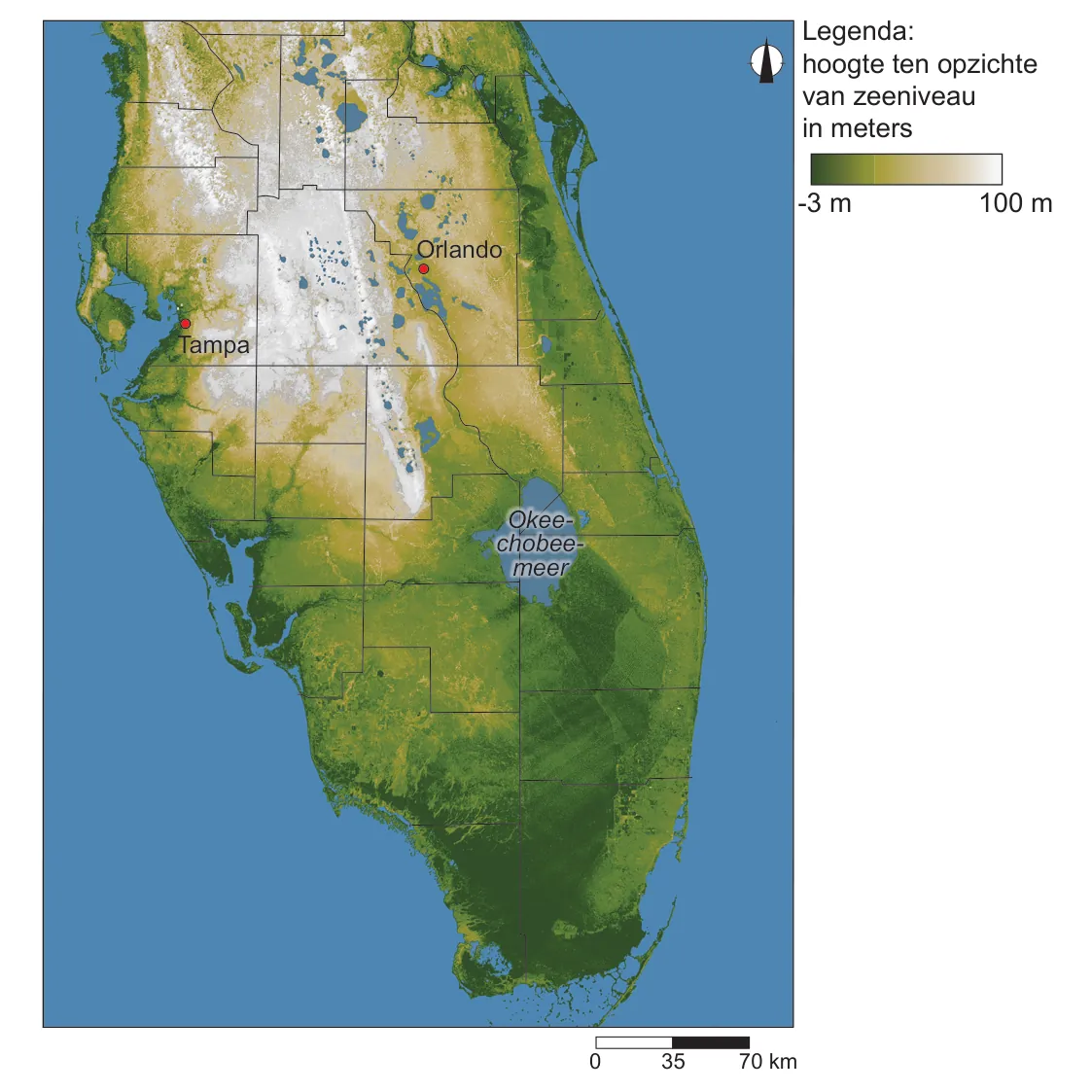 Hoogtekaart van de staat Florida met de plaatsen Tampa en Orlando en het Okeechobeemeer, met een legenda van -3 tot 100 meter boven zeeniveau.