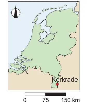 Kaartje van Nederland met de plaats Kerkrade in het zuiden van Limburg aangegeven.