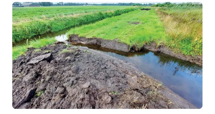 Foto van een gegraven geul op een akker, met donkere natte grond aan de voorkant en water in de geul.