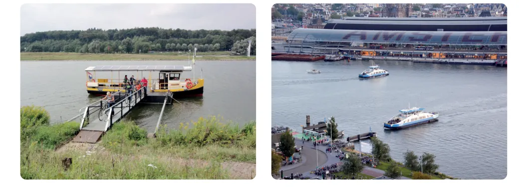 Twee foto's: links een veerpont over de Nederrijn bij Driel, rechts veerponten op het IJ bij Amsterdam.
