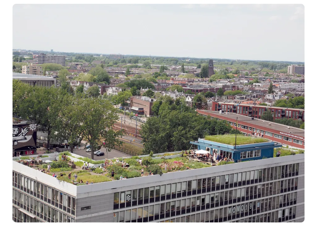 Foto van een groen dak met moestuinen en een blauw paviljoen op een flatgebouw, met uitzicht over de stad Rotterdam.