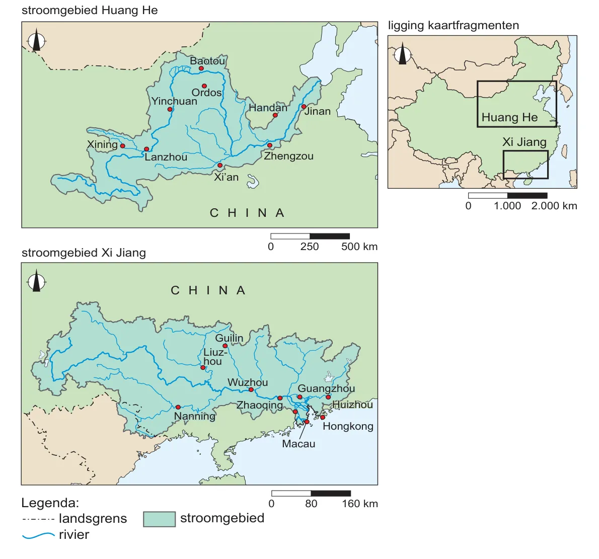 Drie kaarten: het stroomgebied van de Huang He in het noorden van China, het stroomgebied van de Xi Jiang in het zuiden en een locatiekaartje van China met de twee kaartfragmenten.