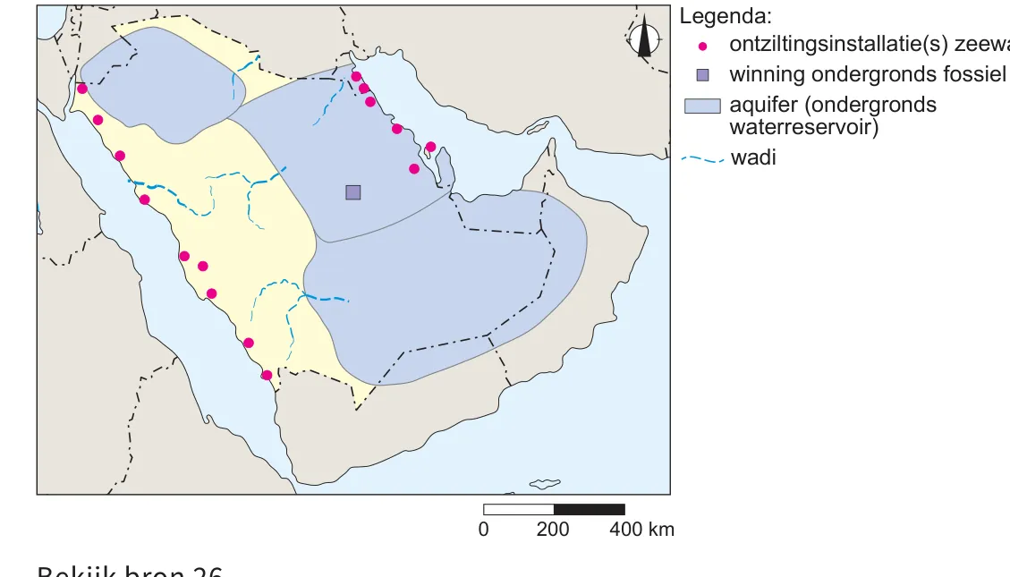Kaart van Saudi-Arabië met ontziltingsinstallaties langs de kust, aquifers, een winning van fossiel water en wadi's, met de legenda rechts.