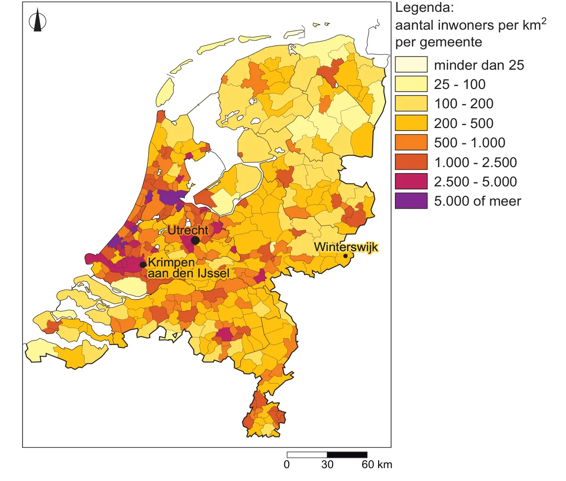 Kaart van Nederland met per gemeente het aantal inwoners per km2 in klassen van minder dan 25 tot 5.000 of meer, met Utrecht, Krimpen aan den IJssel en Winterswijk aangegeven.