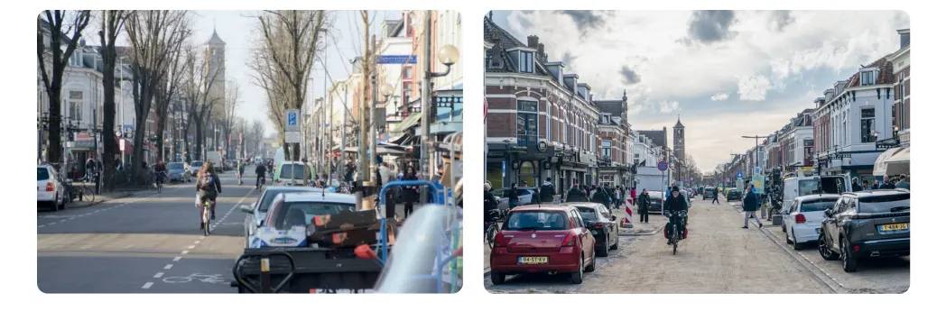 Twee foto's van de Kanaalstraat in Utrecht: links voor de herinrichting met auto's en bomen langs de straat, rechts na de herinrichting zonder bomen langs de straat.