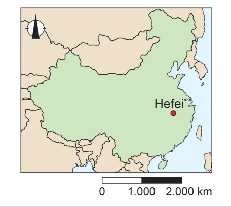 Kaartje van China met de ligging van Hefei in het oosten van het land.
