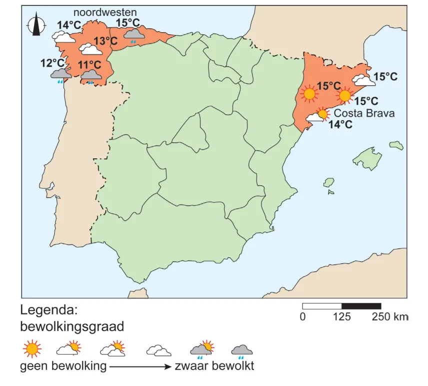 Kaart van Spanje met weersymbolen en temperaturen per regio op 10 maart 2024: in het noordwesten 11 tot 15 graden met bewolking en regen, aan de Costa Brava 14 tot 15 graden met zon en wolken. De legenda toont de bewolkingsgraad van geen bewolking tot zwaar bewolkt.