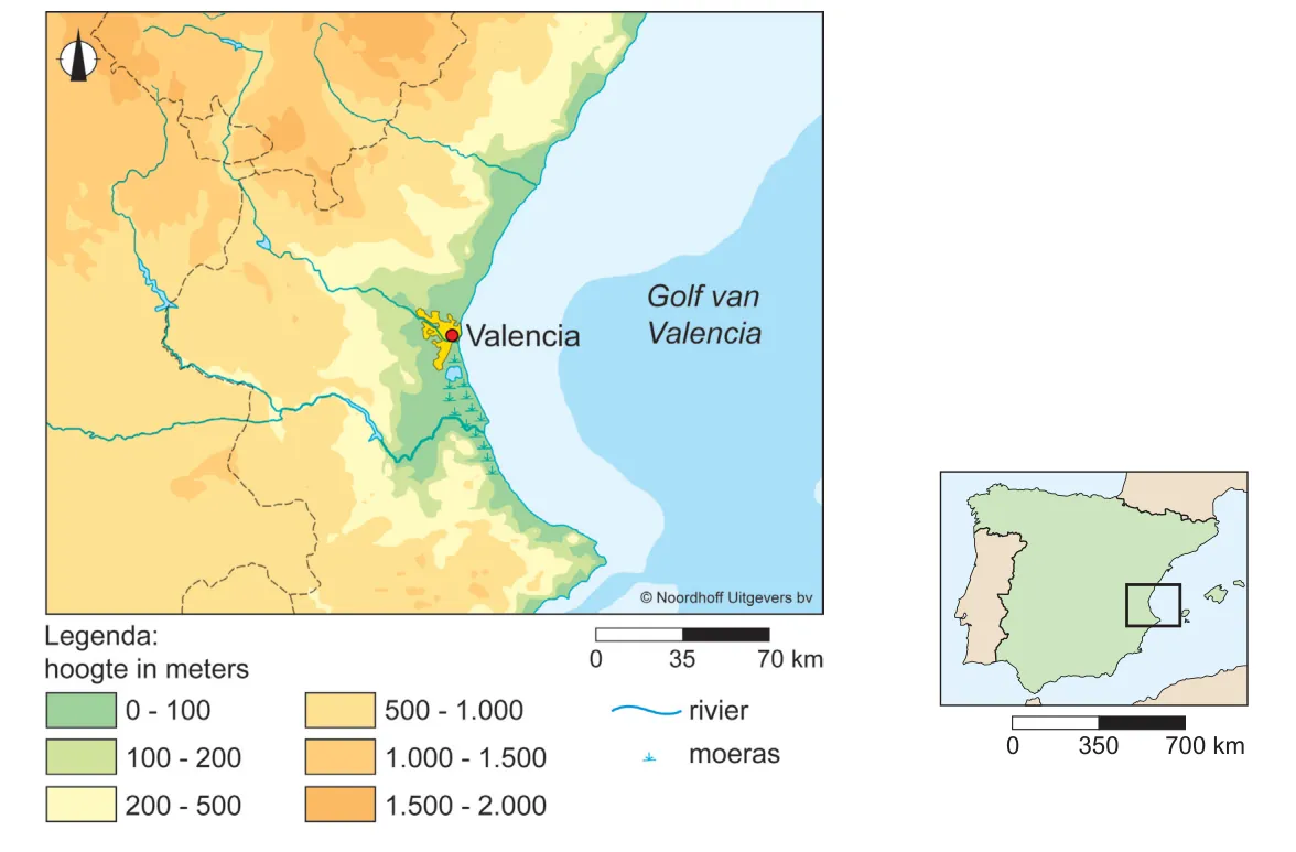 Kaart van de regio Valencia met hoogteklassen, rivieren en moerassen, de Golf van Valencia aan de oostkant en een locatiekaartje van Spanje.