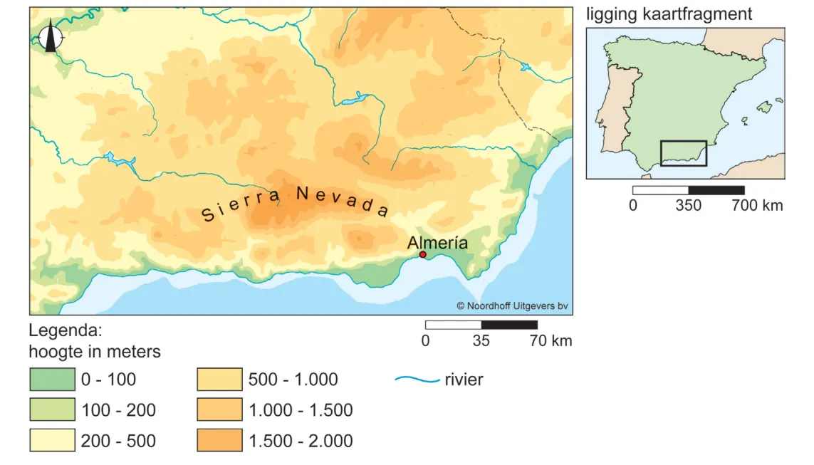 Hoogtekaart van zuidoost-Spanje met de Sierra Nevada, de kust bij Almería en een locatiekaartje van Spanje.