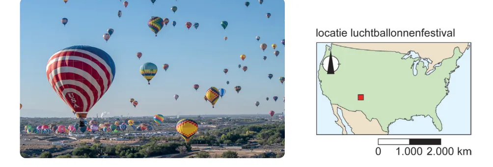 Foto van veel luchtballonnen die boven een stad opstijgen, met een rood-witte ballon voorop, en een locatiekaartje van de Verenigde Staten.