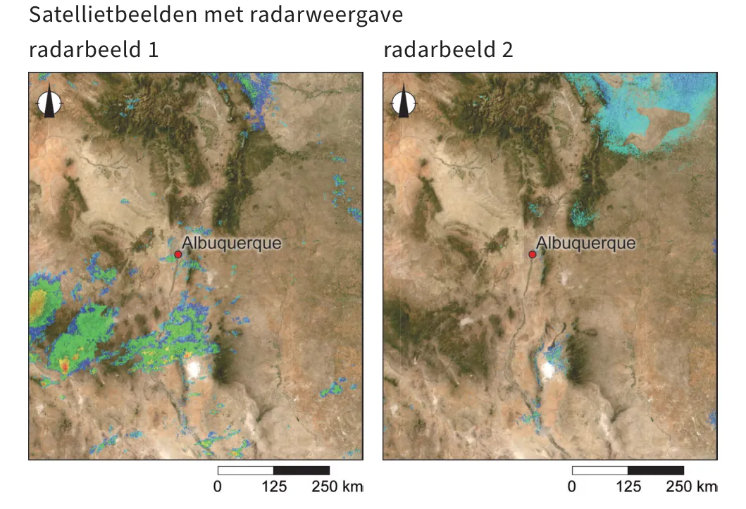 Twee satellietbeelden met radarweergave van de omgeving van Albuquerque. Op radarbeeld 2 is bij Albuquerque geen neerslag te zien.