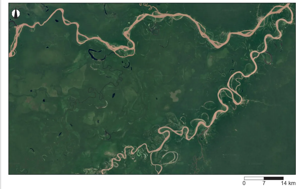 Satellietbeeld van een groen, bebost laagland met twee sterk meanderende rivieren met afgesneden meanders, met een schaalstok van 14 km.
