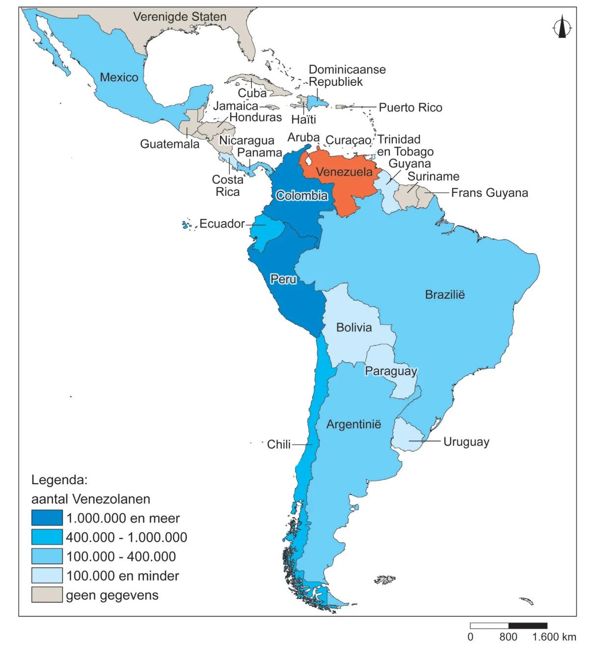 Kaart van Latijns-Amerika met het aantal Venezolanen per land in mei 2022: Colombia en Peru 1.000.000 en meer, Ecuador en Chili 400.000 tot 1.000.000, Brazilië, Argentinië en Mexico 100.000 tot 400.000, en onder andere Bolivia, Paraguay, Uruguay en Guyana 100.000 en minder.