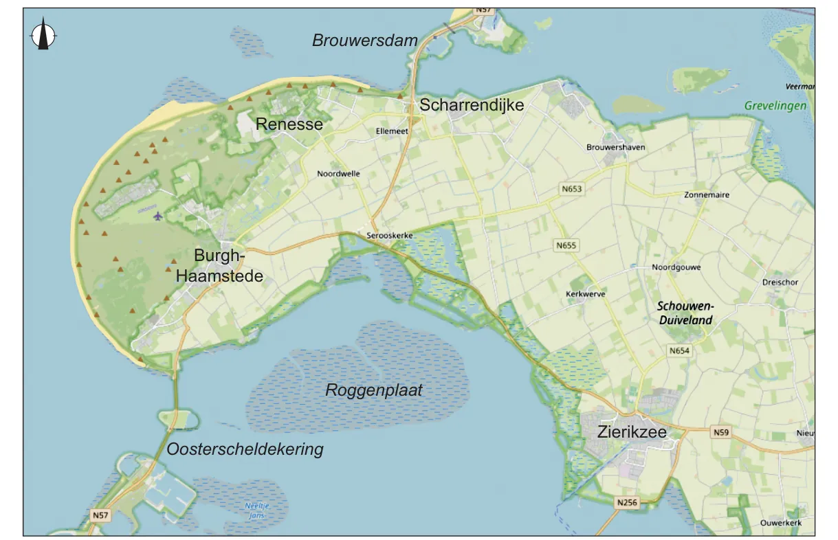 Kaart van het westelijk deel van Schouwen-Duiveland met Renesse aan de noordkust bij de Brouwersdam, Burgh-Haamstede aan de westkust, de Oosterscheldekering en de zandplaat Roggenplaat in de Oosterschelde, met natuur, strand, duinen, agrarisch gebied, bebouwing, zandplaten en kwelders.
