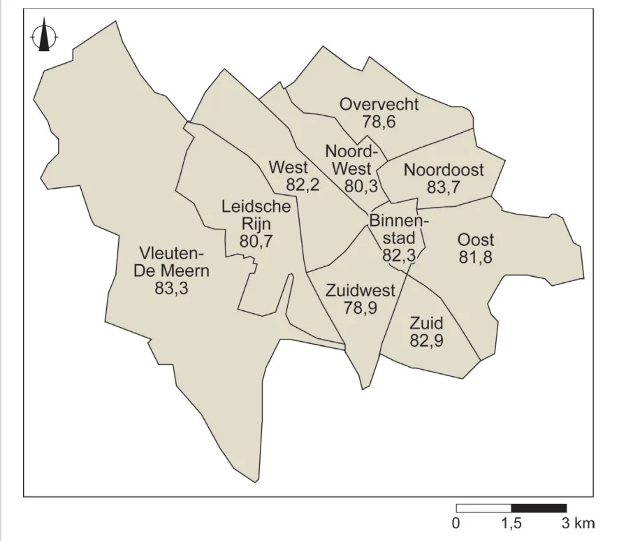 Kaart van de wijken van Utrecht met de levensverwachting in jaren: Overvecht 78,6, Noordwest 80,3, Noordoost 83,7, West 82,2, Leidsche Rijn 80,7, Binnenstad 82,3, Oost 81,8, Zuidwest 78,9, Zuid 82,9 en Vleuten-De Meern 83,3.