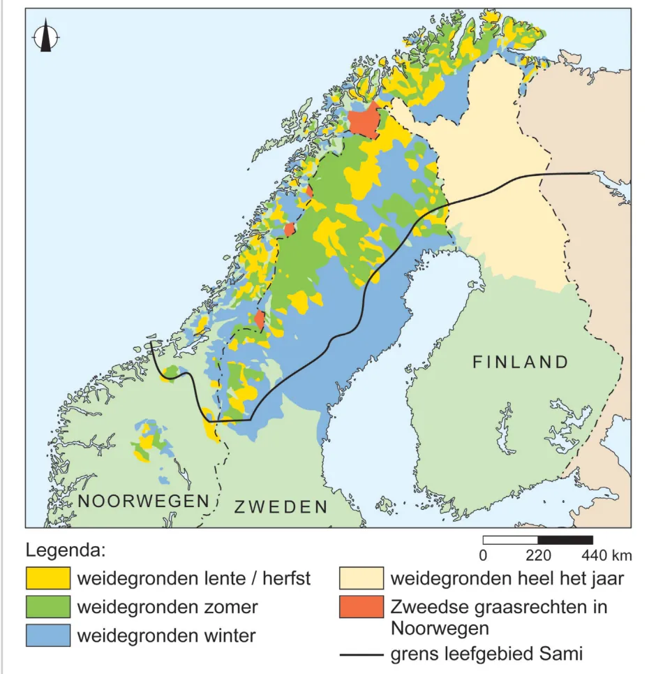 Kaart van Noorwegen, Zweden en Finland met de aan de Sami toegekende weidegronden voor lente en herfst, zomer, winter en heel het jaar, de Zweedse graasrechten in Noorwegen en de grens van het leefgebied van de Sami.