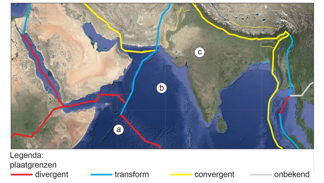 Satellietkaart van het Arabisch Schiereiland, de Arabische Zee en India met divergente, transform-, convergente en onbekende plaatgrenzen. Locatie a ligt bij een divergente plaatgrens in de Indische Oceaan, locatie b in de oceaan ten westen van India en locatie c op het Indiase vasteland.