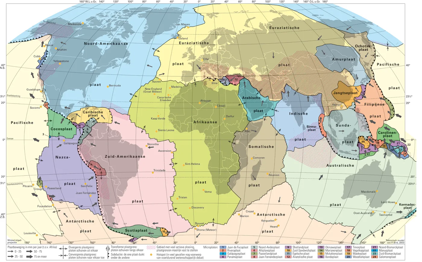 Wereldkaart met de lithosfeerplaten, divergente, convergente en transforme plaatgrenzen, subductiezones, hotspots, microplaten en de bewegingsrichting en snelheid van de platen in mm per jaar.
