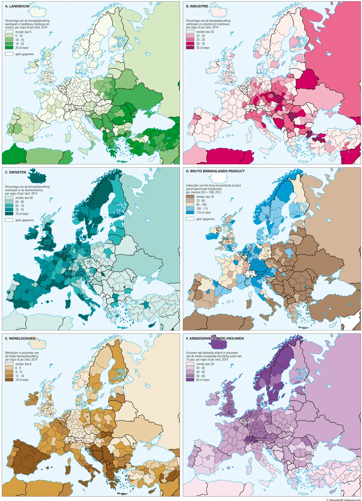 Zes thematische kaarten van Europa per regio: A landbouw, B industrie en C diensten (percentage van de beroepsbevolking, 2014), D bruto binnenlands product per inwoner (EU = 100, 2013), E werkloosheid en F arbeidsparticipatie van vrouwen (2014).