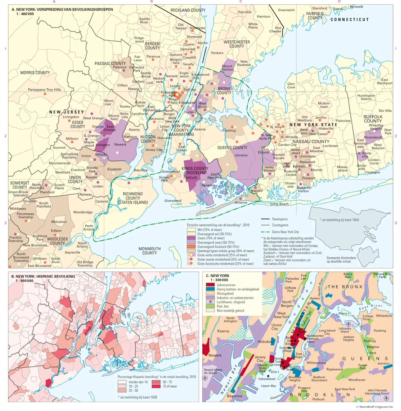 Drie atlaskaarten van New York: A de verspreiding van bevolkingsgroepen (etnische samenstelling per gebied, 2019), B het percentage Hispanic bevolking (2010) en C het grondgebruik met zakencentrum, woongebied, industrie en parken.