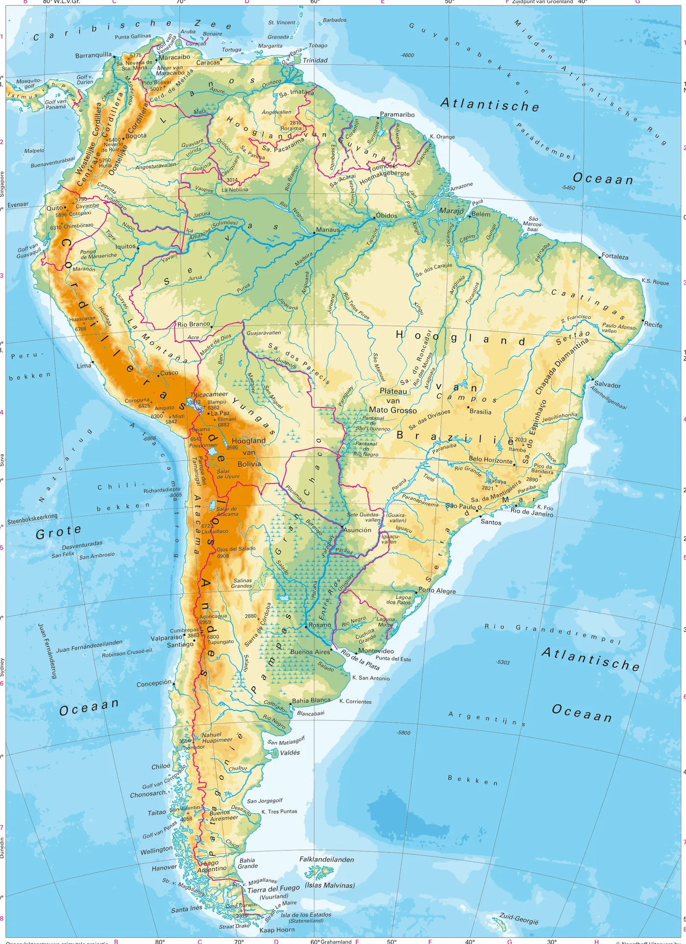 Natuurkundige atlaskaart van Zuid-Amerika met hoogtekleuren, de Andes (Cordilleras), het Amazonebekken met de Amazone en haar zijrivieren, de Gran Chaco, de Pampa's en het Hoogland van Brazilië.