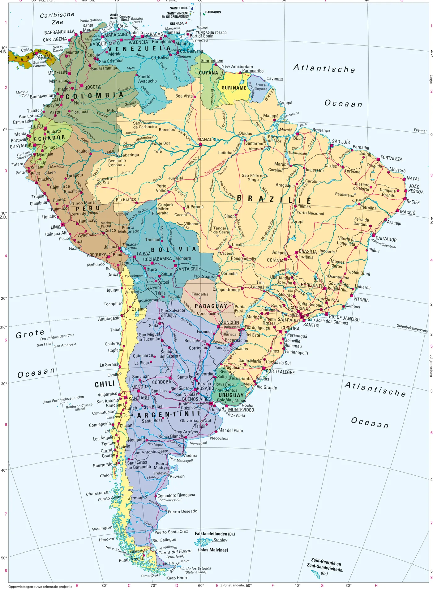 Staatkundige atlaskaart van Zuid-Amerika met de landen, landsgrenzen, hoofdsteden, steden, wegen en spoorwegen.