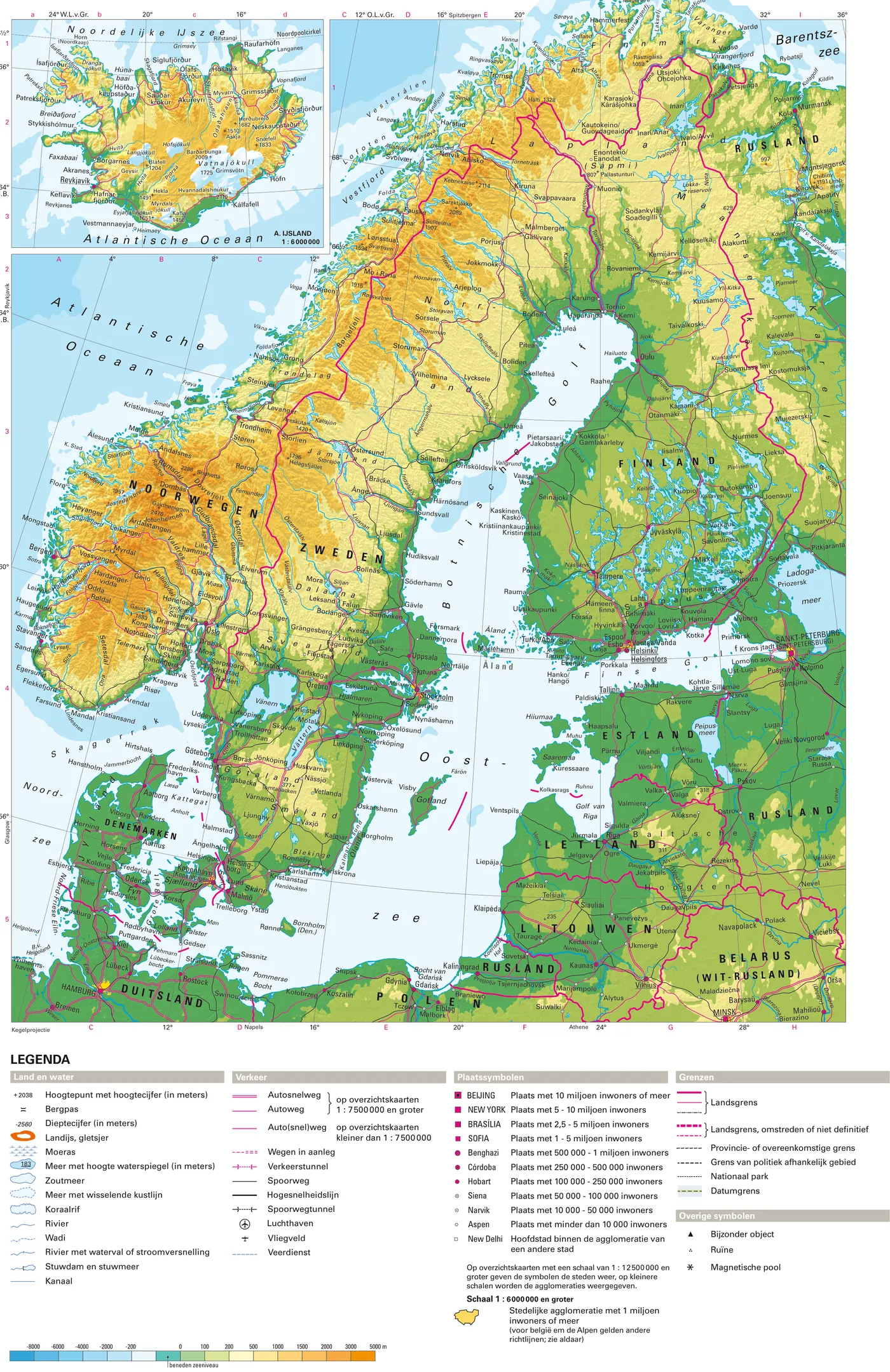 Natuurkundige atlaskaart van Noord-Europa met Noorwegen, Zweden, Finland en de Baltische staten, met hoogtekleuren tot boven 2000 meter in de Noorse en Zweedse bergen, en een inzet van IJsland.