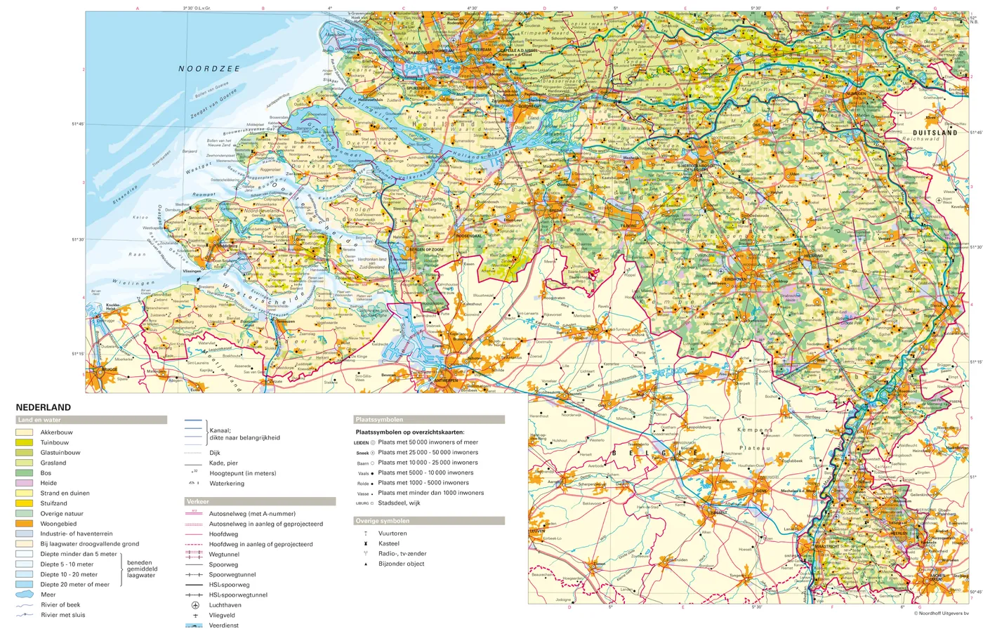 Atlaskaart van Zuid-Nederland met Zeeland, Zuid-Holland, Noord-Brabant en Limburg, met het grondgebruik, de zeearmen met de Brouwersdam, het Grevelingenmeer en de Oosterschelde met de Oosterscheldekering, dieptes en droogvallende gronden.