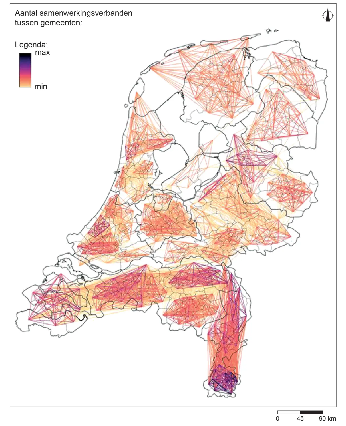 Kaart van Nederland met lijnen tussen gemeenten die samenwerken; de kleur van de lijnen loopt van geel (weinig samenwerkingsverbanden) naar paars (veel samenwerkingsverbanden).