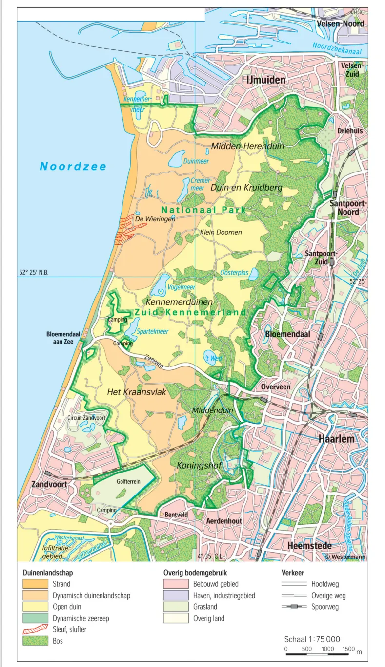 Topografische kaart van Nationaal Park Zuid-Kennemerland tussen IJmuiden, Haarlem en Zandvoort, met de duinlandschappen (strand, dynamisch duinlandschap, open duin, dynamische zeereep en bos), de sleuven en slufters en het bebouwde gebied.