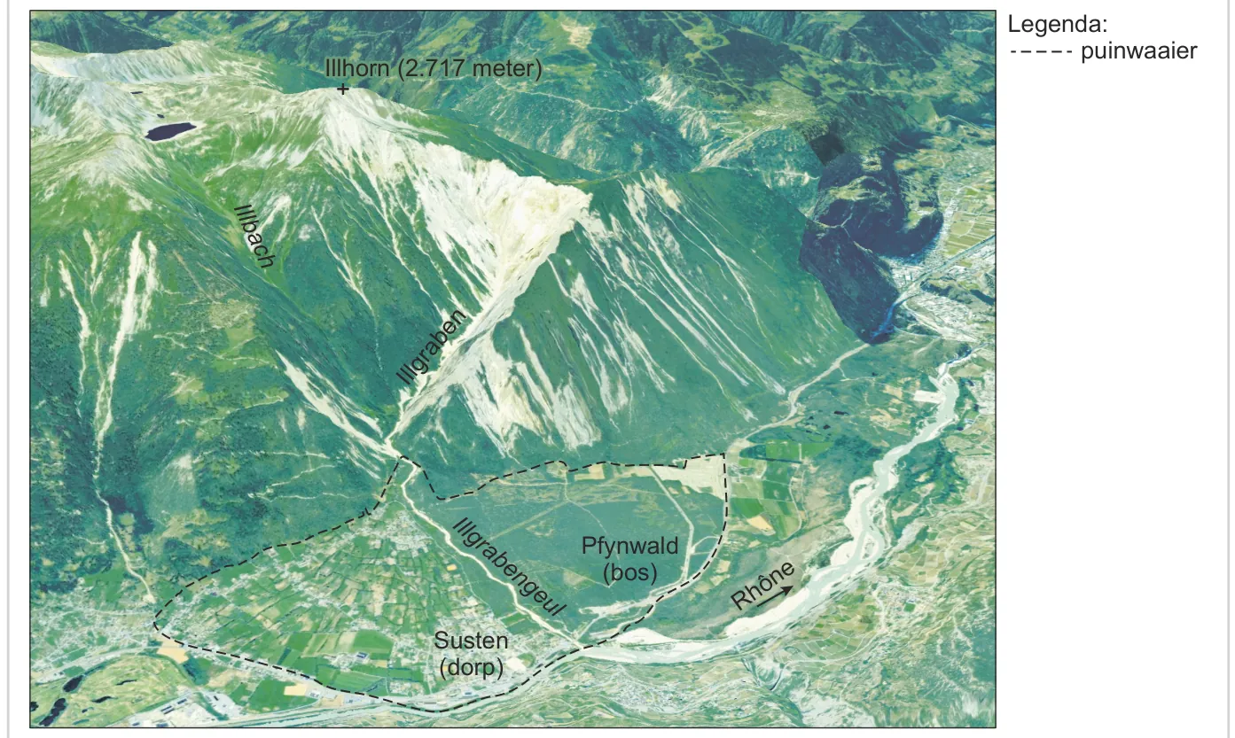 Luchtfoto van de Illhorn met de dalen van de Illbach en de Illgraben, de Illgrabengeul, het Pfynwald, het dorp Susten en de Rhône, met de puinwaaier aangegeven door een stippellijn.
