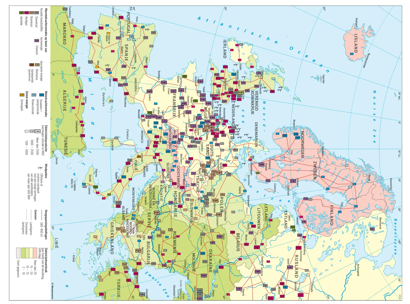 Atlaskaart van Europa met de energievoorziening: elektriciteitscentrales per brandstof, hoogspanningsleidingen, windparken en het elektriciteitsverbruik per land.