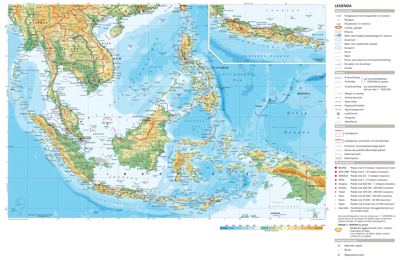 Atlaskaart van Zuidoost-Azië met landen, zeeën, eilanden en plaatsen, met de Zuid-Chinese Zee in het midden.
