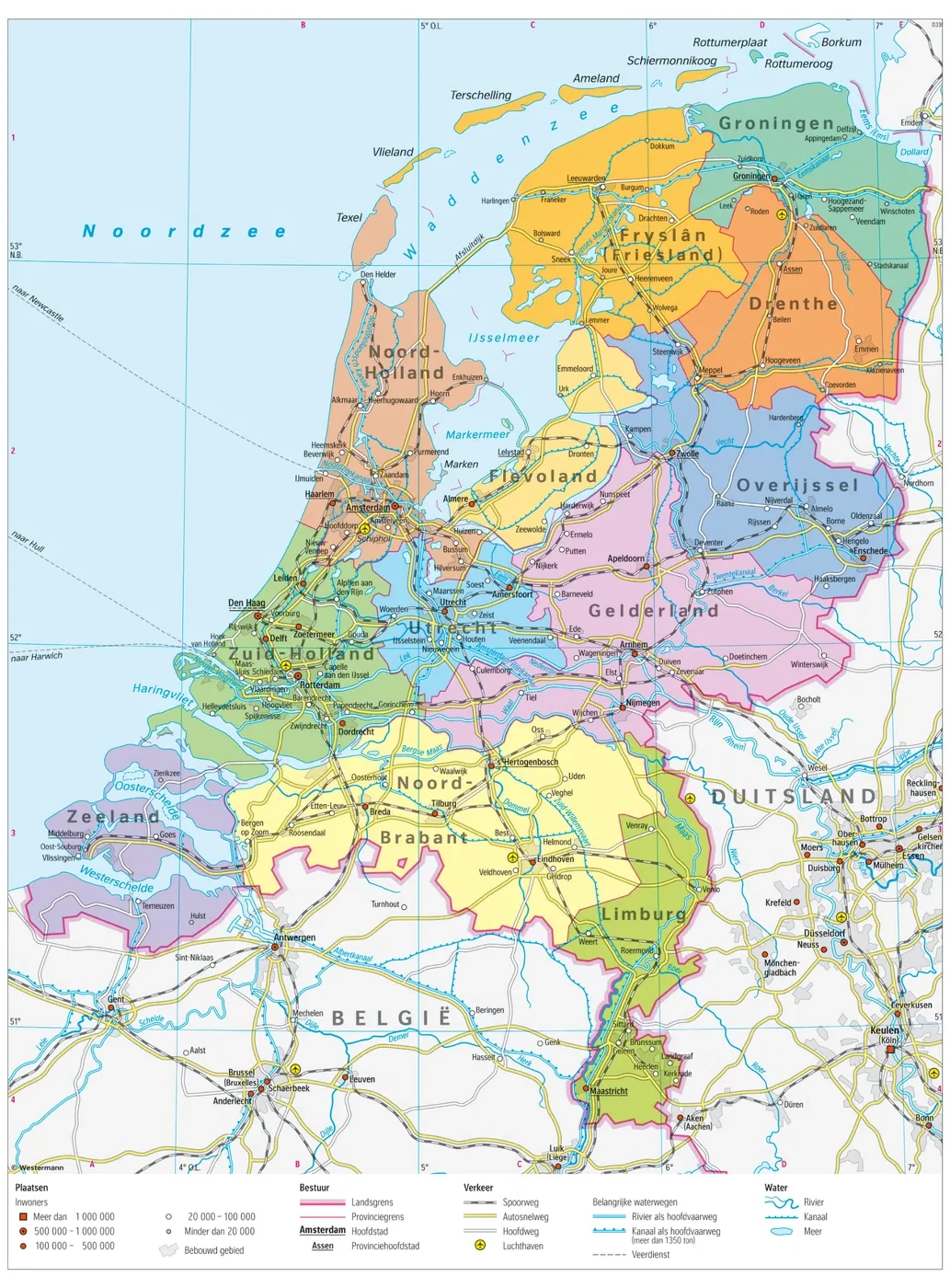 Atlaskaart van Nederland met provincies, steden, wegen, spoorlijnen en water, met Noord-Brabant in het zuiden en Drenthe in het noordoosten.