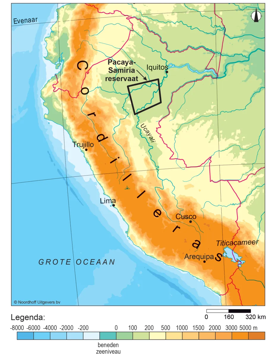 Natuurkundige kaart van Peru met de Cordillera, de steden Trujillo, Lima, Cusco, Arequipa en Iquitos, het Pacaya-Samiria-reservaat en de rivier de Ucayali.